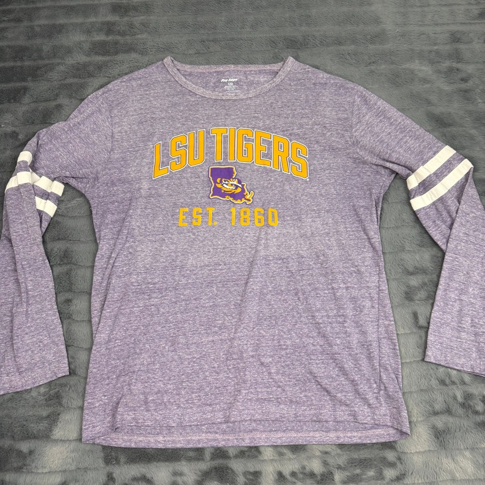 Pro Edge LSU Tigers Long Sleeve Tee Purple Heathered Striped Sleeve Womens L